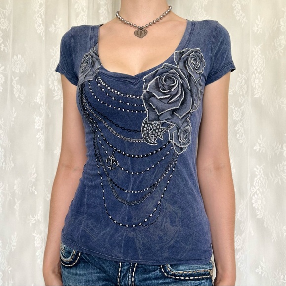 Cyber Y2K Grunge Blue V-Neck T-Shirt - Picture 3 of 5